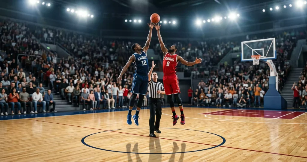 Indoor hardwood basketball arena at tip-off with a referee about to toss the ball between two centres under bright overhead lighting