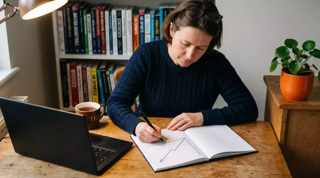 UK basketball analyst at a desk reviewing a hand-drawn line graph of NBA spread variance in a hardback notebook under a desk lamp