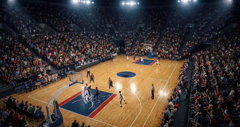 Wide view of a packed indoor basketball arena from the upper deck during a UK evening fixture with hardwood court and bright overhead lighting