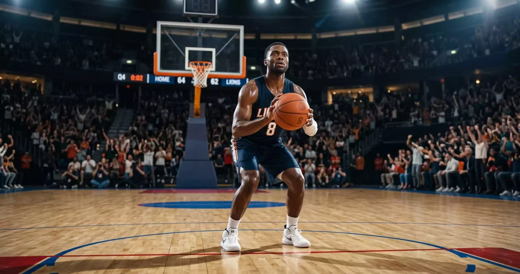 Basketball player at the free-throw line of an indoor hardwood arena preparing to take a shot in front of a brightly lit hoop