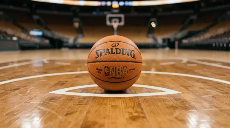 Single orange basketball balanced on the painted line at the top of the three-point arc of an indoor hardwood court