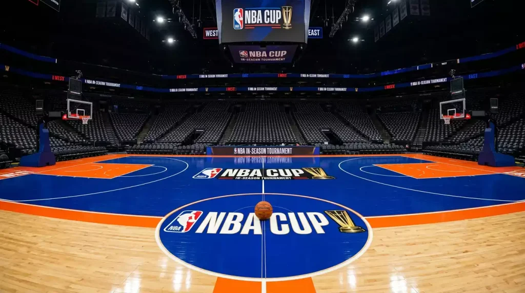 Indoor NBA-style hardwood court painted with the bright bespoke Cup-night colours under arena lights, basketball resting on the half-court line