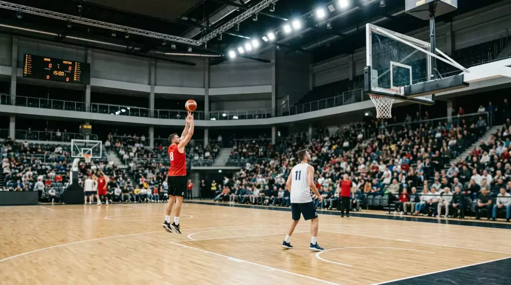 Indoor European basketball arena with FIBA-marked hardwood court, players in plain warm-up kit shooting at a hoop in the foreground