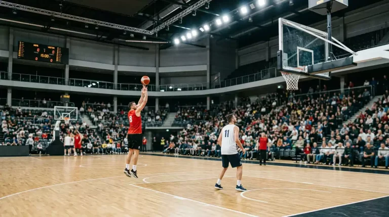 Indoor European basketball arena with FIBA-marked hardwood court, players in plain warm-up kit shooting at a hoop in the foreground