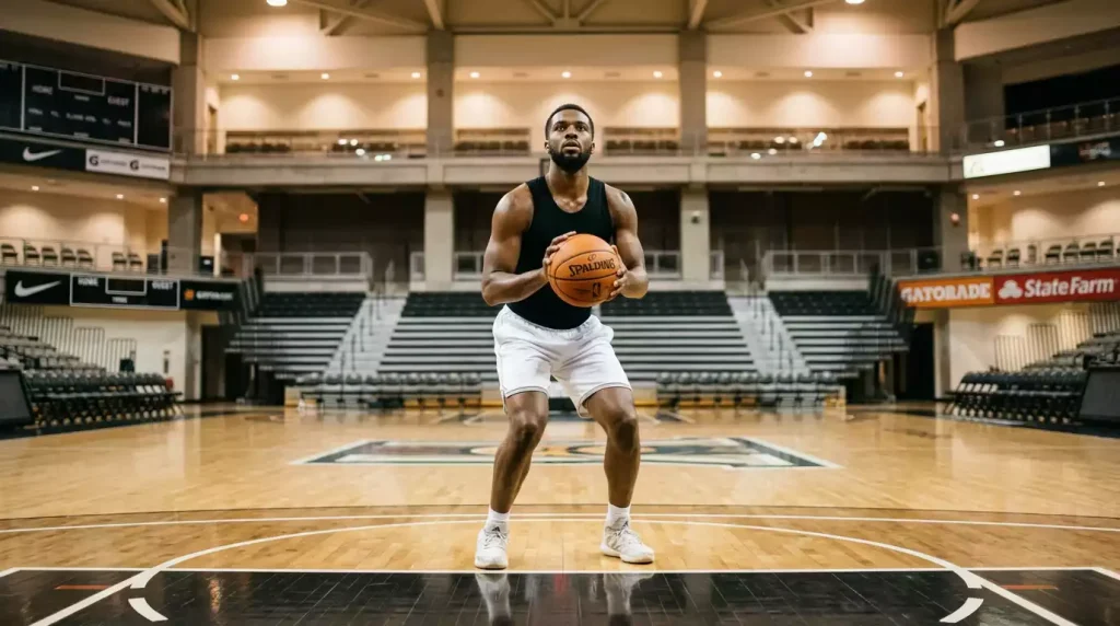 Male basketball player crouching to take a free throw on a hardwood indoor court, free-throw line clearly visible under his feet