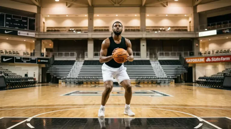 Male basketball player crouching to take a free throw on a hardwood indoor court, free-throw line clearly visible under his feet