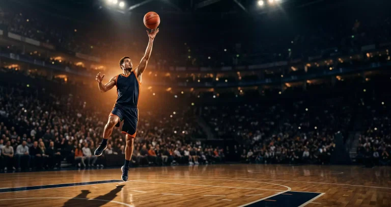 Basketball player rising for a dramatic mid-air shot at a UK indoor arena under courtside spotlight, capturing the rise of UK basketball betting in 2026