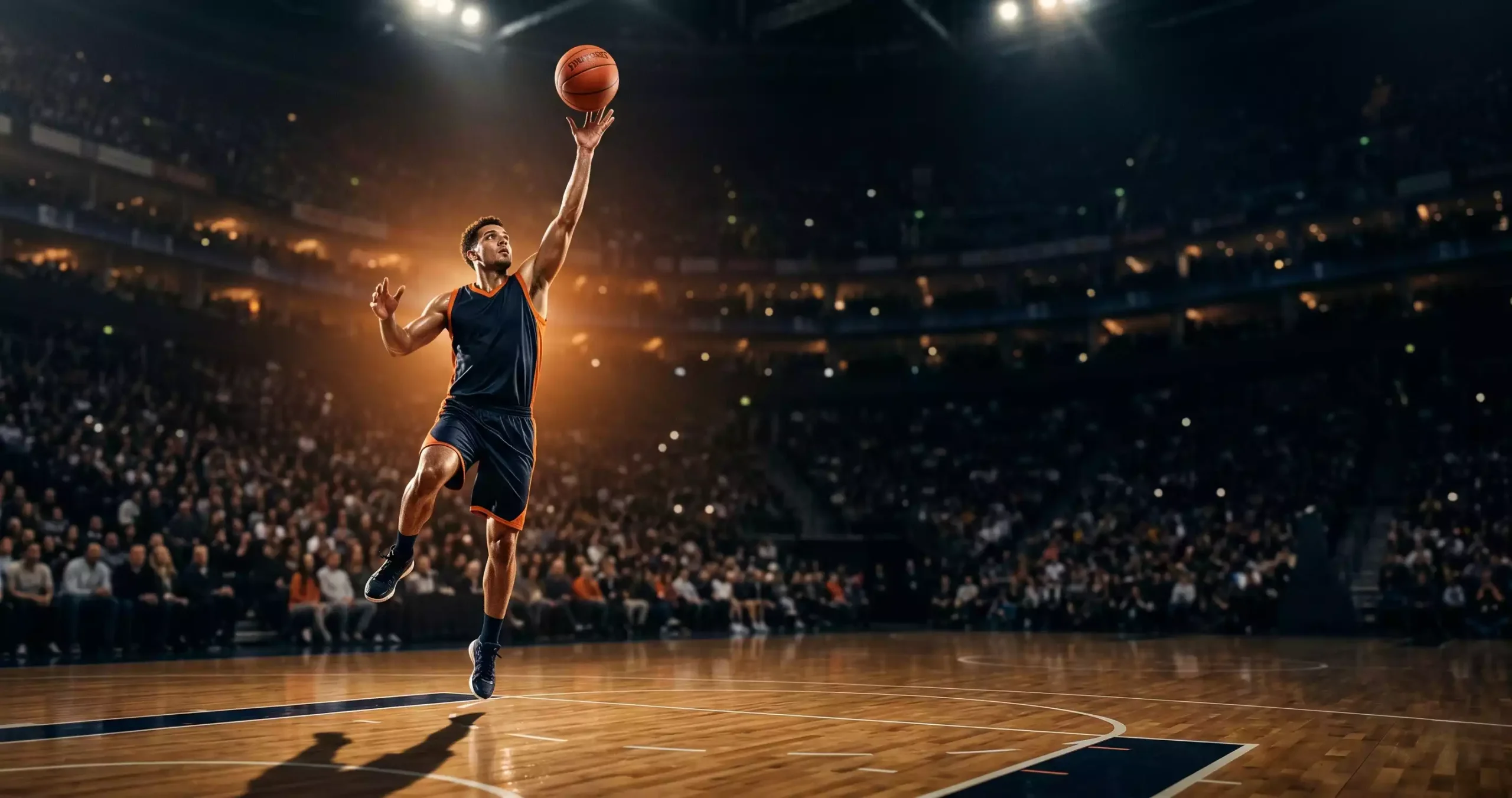 Basketball player rising for a dramatic mid-air shot at a UK indoor arena under courtside spotlight, capturing the rise of UK basketball betting in 2026