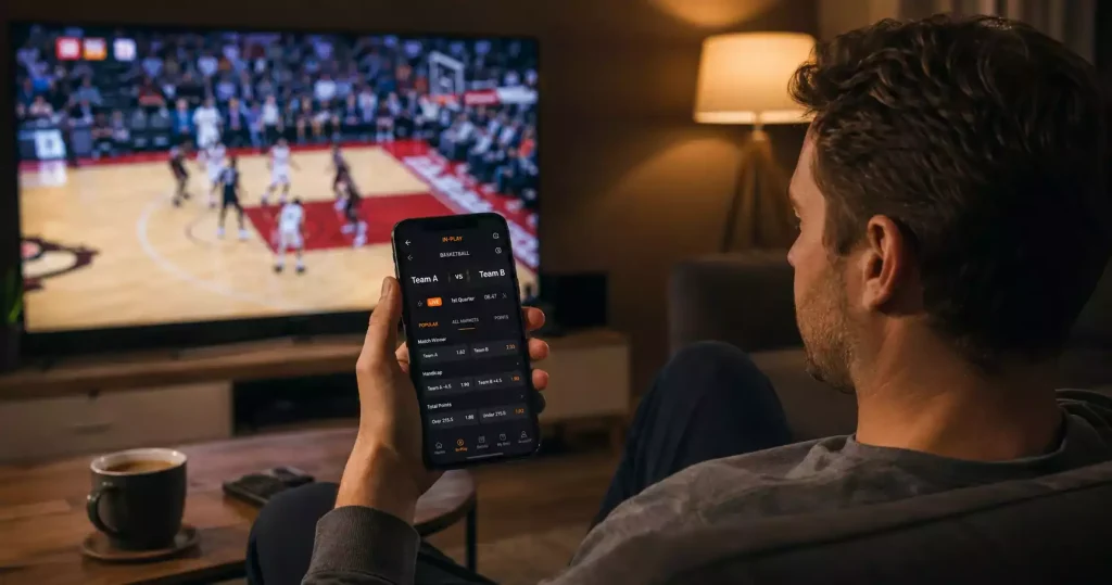 British basketball fan tracking a live NBA game on a smartphone with stats and odds visible on a second screen at home