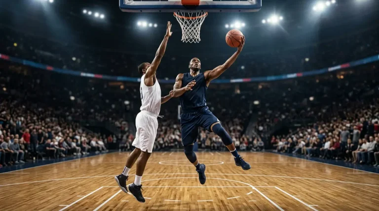 Basketball player driving to the rim for a layup in mid-action with a defender contesting in a brightly lit indoor hardwood arena