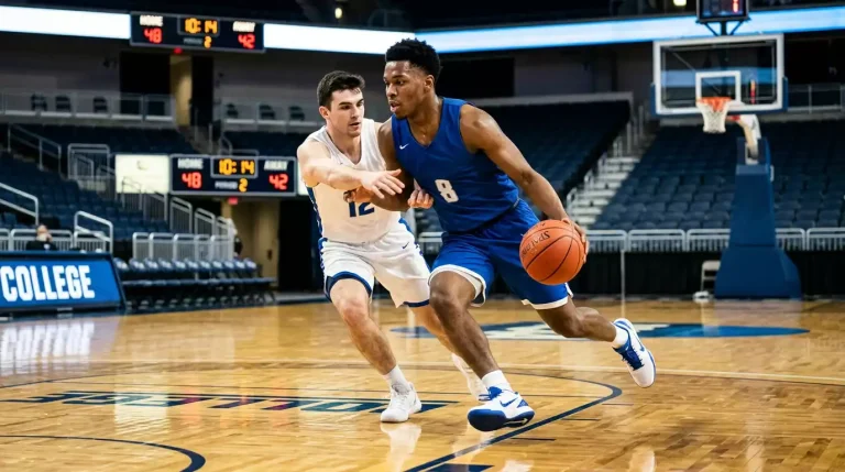 American college basketball player in plain blue kit driving to the basket on a wooden indoor court, opposing defender in white nearby