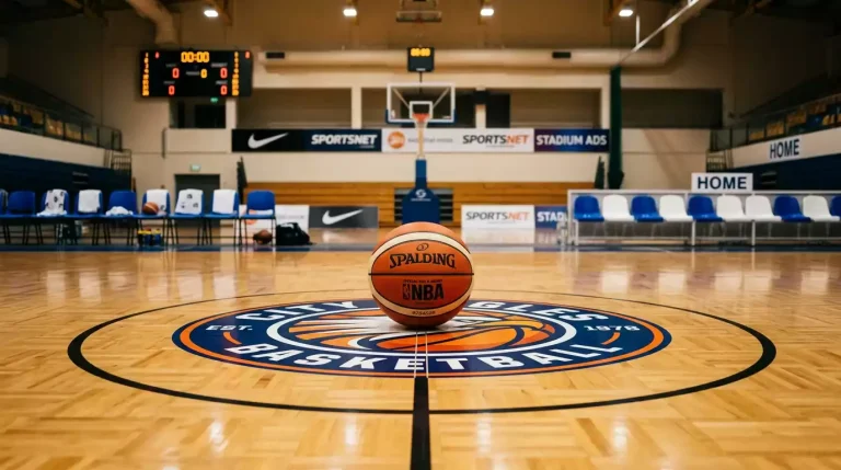 An orange basketball resting on the centre logo of a wooden indoor court, two team benches visible in soft focus on either side