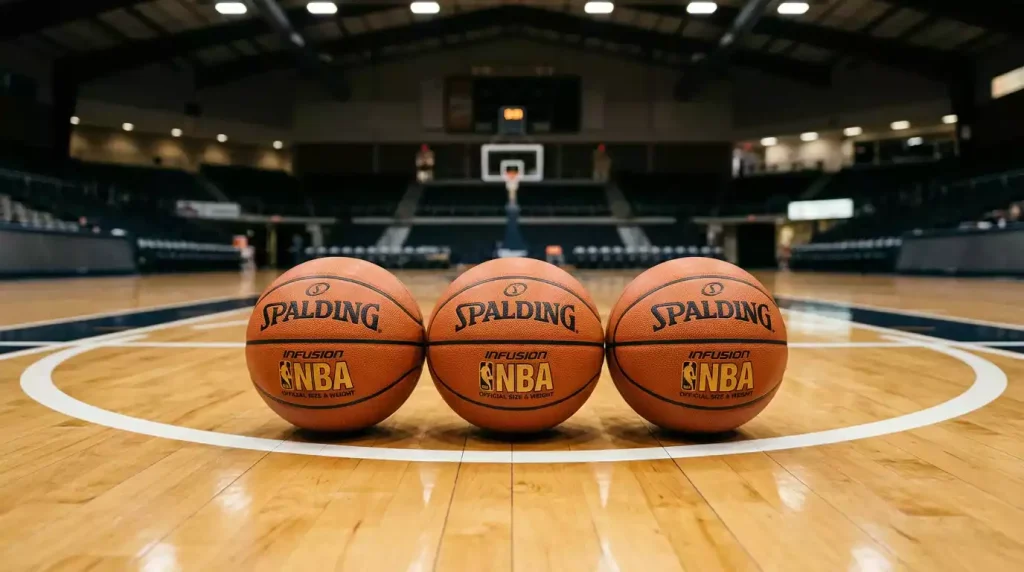 Three orange basketballs arranged in a neat row on a hardwood indoor court near the three-point arc, soft overhead arena lighting
