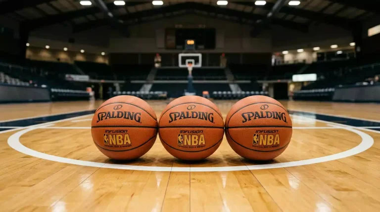 Three orange basketballs arranged in a neat row on a hardwood indoor court near the three-point arc, soft overhead arena lighting