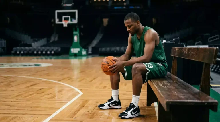 A tired male basketball player sitting on a wooden bench at the side of an indoor court, head down, holding an orange basketball loosely