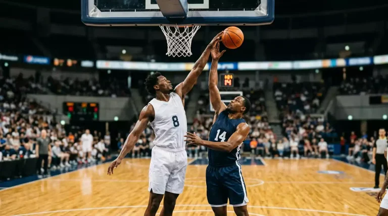 Two basketball players from opposing teams contesting a rebound under a hoop, one in white kit, one in dark kit, hardwood court below