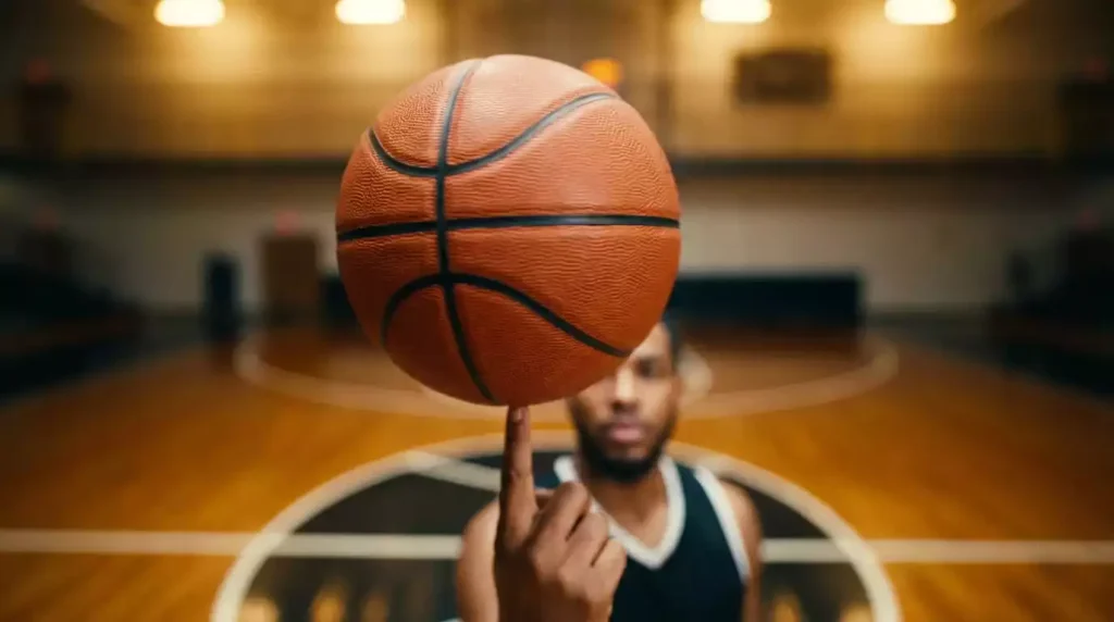 An orange basketball spinning on the index finger of an out-of-focus player above a hardwood court at the centre circle