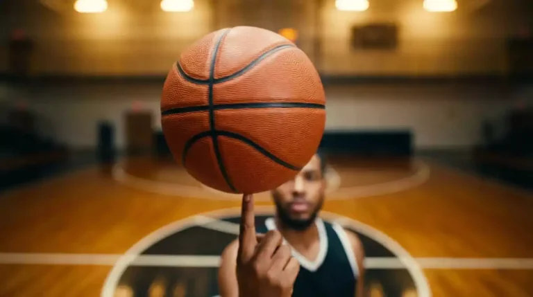 An orange basketball spinning on the index finger of an out-of-focus player above a hardwood court at the centre circle