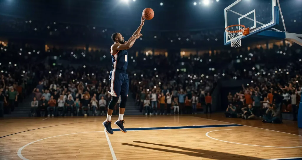Basketball player rising for a three-point jump shot from the arc on an indoor hardwood arena floor with focused expression