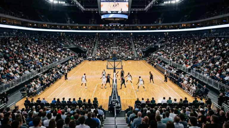 Indoor NBA arena viewed from the upper bowl during a game, hardwood court below with players competing in mid-action