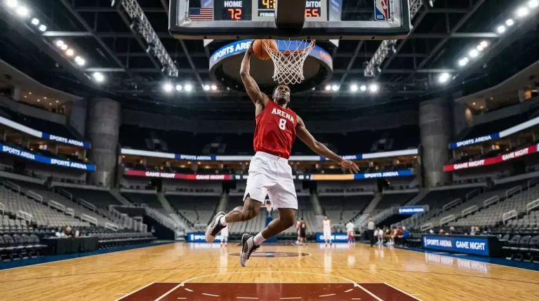 Single male basketball player driving for a slam dunk above the rim on an indoor hardwood court, orange basketball in his right hand