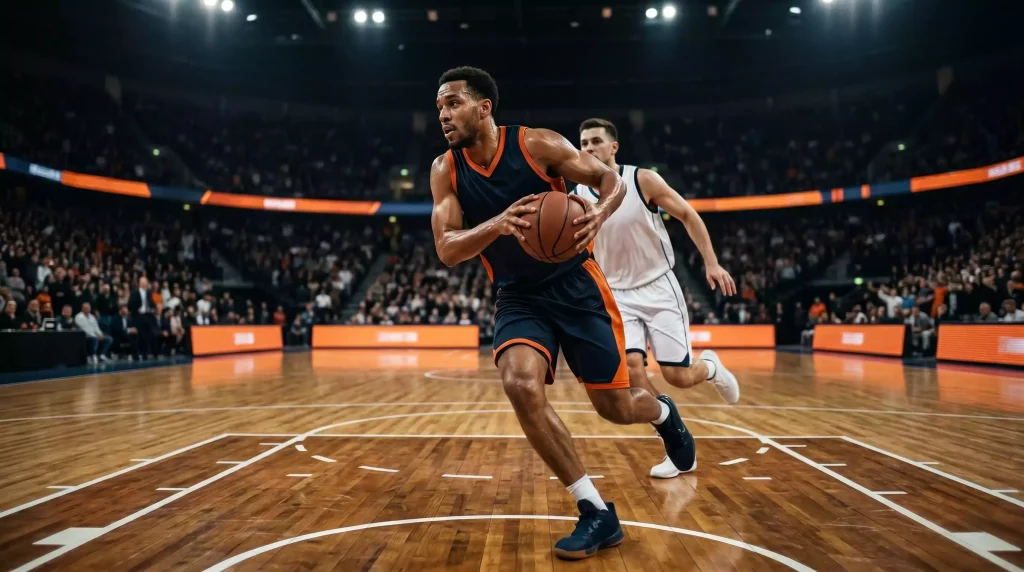 Professional basketball player driving to the basket on a hardwood indoor court during a top-tier league fixture
