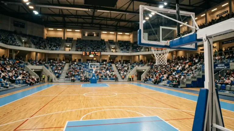 European-style indoor basketball arena with a hardwood court and FIBA-rules markings, a basketball hoop with white net visible in the foreground