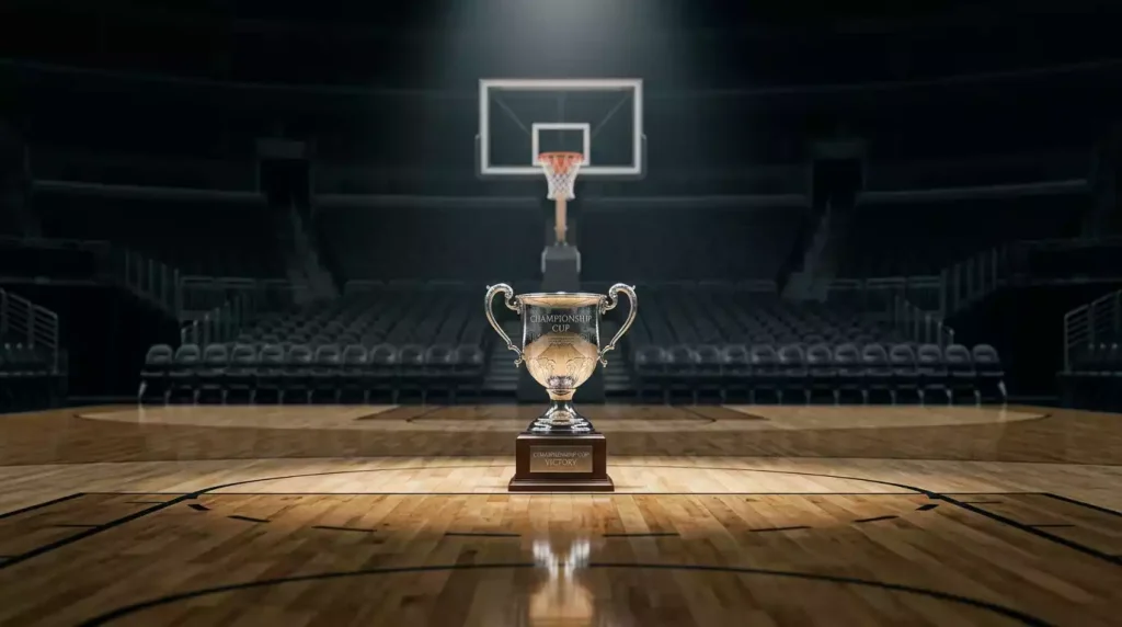 Empty NBA championship-style trophy stand on a polished hardwood court under spotlights, basketball net visible in the background