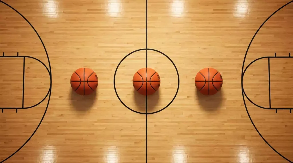 Three identical orange basketballs lined up neatly along the centre line of an indoor hardwood basketball court