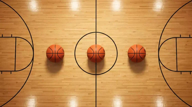 Three identical orange basketballs lined up neatly along the centre line of an indoor hardwood basketball court