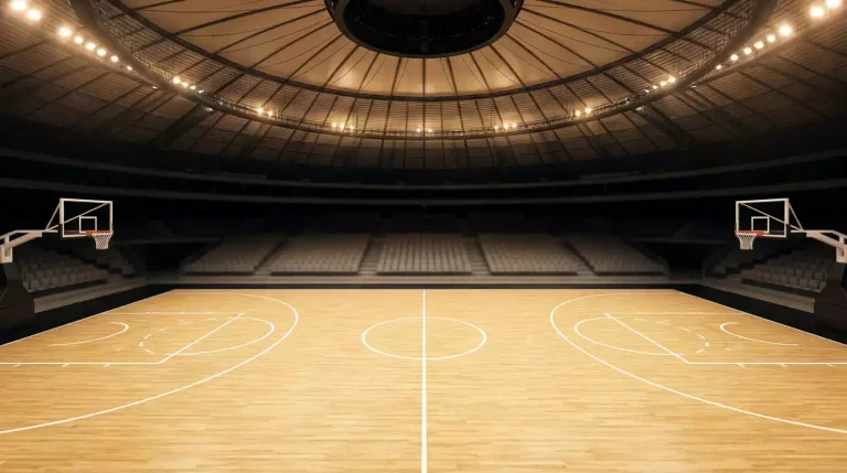 Modern UK indoor arena with a regulation hardwood basketball court installed, white painted markings and two hoops visible at each end