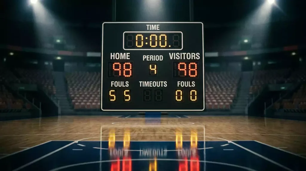 Indoor NBA arena scoreboard at floor level showing a tied score and zero seconds on the game clock, hardwood court below