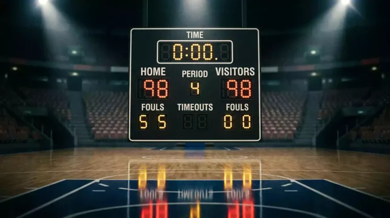Indoor NBA arena scoreboard at floor level showing a tied score and zero seconds on the game clock, hardwood court below