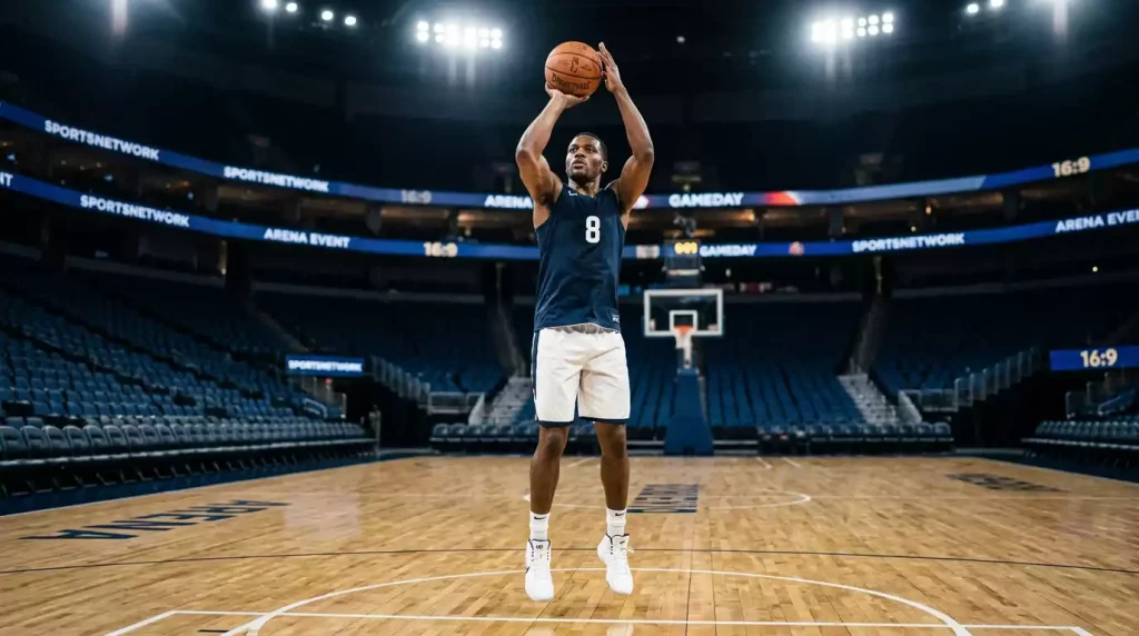 Single NBA player in mid-jump shooting a basketball from the free-throw line, full kit and sneakers visible, indoor arena lighting