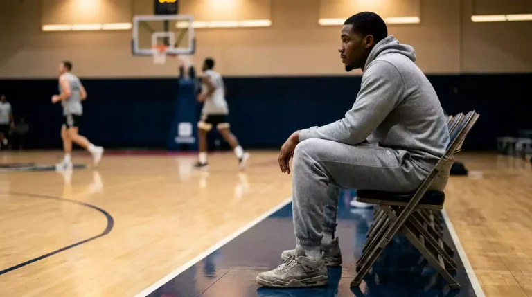 A single male basketball player in a plain warm-up tracksuit sitting on a courtside chair next to an indoor hardwood court