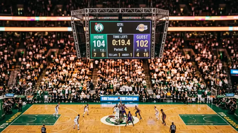Close-up of an NBA arena scoreboard showing a single-digit margin late in the fourth quarter, hardwood court visible below
