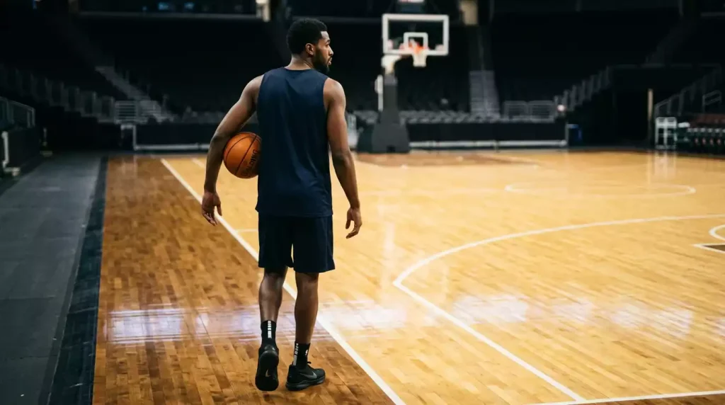 Single male basketball player walking off an indoor hardwood court alone, ball under his arm, dim arena lighting around him