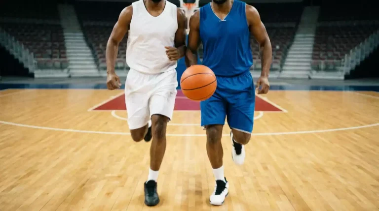 Two opposing male basketball players running side by side along a hardwood indoor court, one in white kit, one in blue kit, orange ball between them