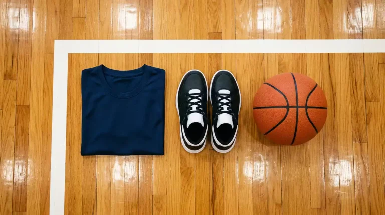 Folded basketball jersey, sneakers and an orange basketball laid out neatly on a hardwood indoor court near the sideline