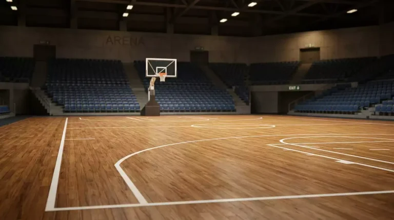Indoor basketball arena seen from the sideline showing a hardwood court and a hoop with white net under arena lights, empty seating beyond