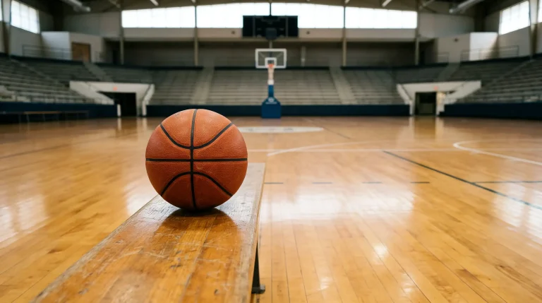 Orange basketball placed carefully on a wooden bench at the side of an indoor hardwood court, court empty and quiet behind
