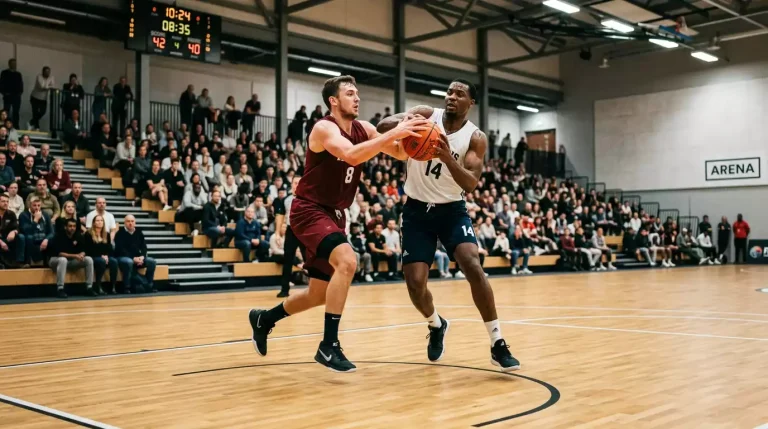 British professional basketball game in a UK arena, two players in plain home and away kits competing for the ball on a hardwood court