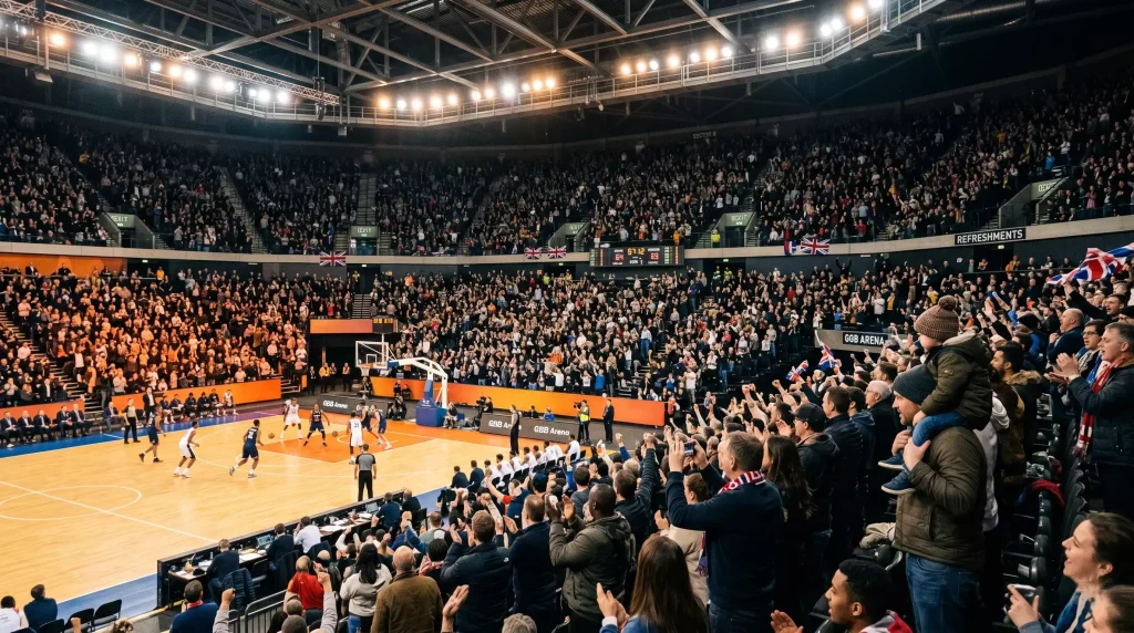 Packed UK basketball arena crowd watching an NBA London Game, reflecting the rising British audience for basketball betting in 2026