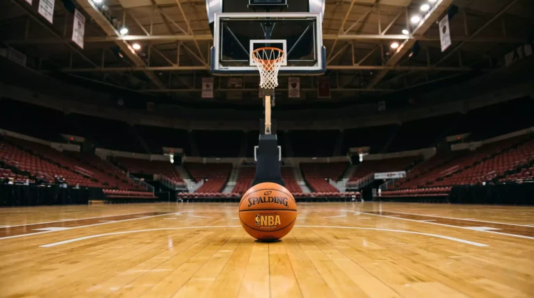 Single orange basketball on a hardwood indoor court below a hoop with a clean white net, sharp focus on the ball at rest