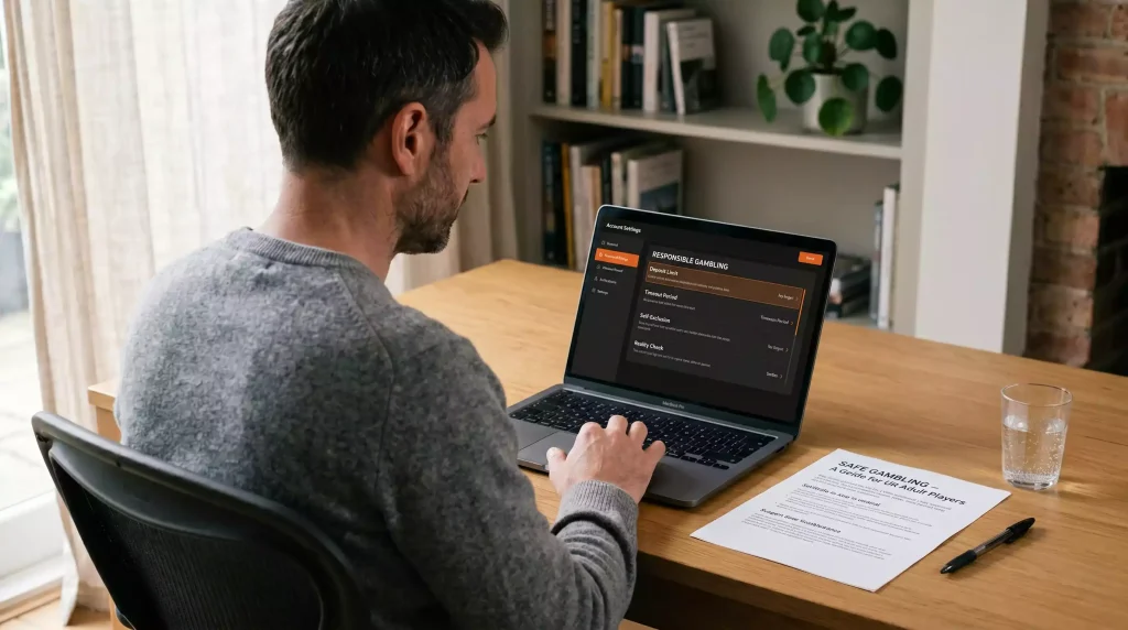 Adult British basketball bettor calmly reviewing a deposit-limit and time-out setup screen on a laptop, with no betting slips or money on the desk